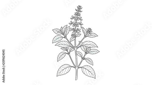 Foto Basil Plant Stem With Leaves and Flowers Line Drawing Illustration