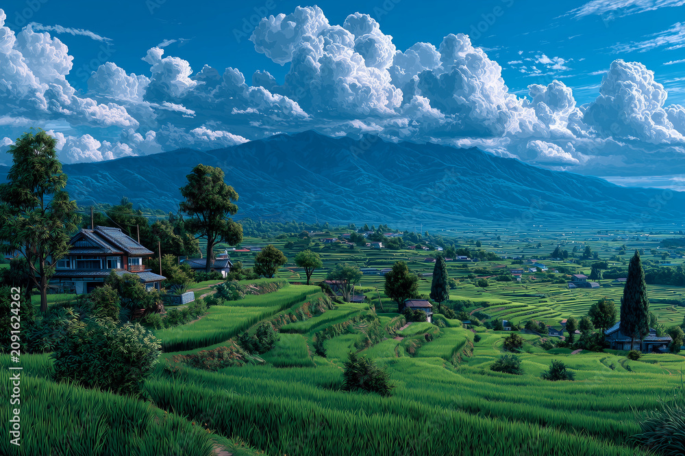 Fototapeta premium bright Japanese rice fields beneath a deep blue sky, fluffy white clouds, lush green paddies, anime countryside background, vibrant summer colors, ultra detailed scenery.