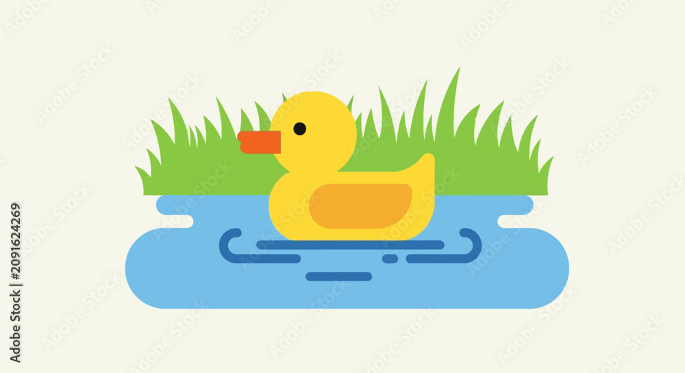 Fototapeta premium Cute yellow duck swimming peacefully in blue water.