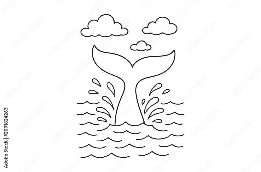 Obraz premium Whale tail line drawing with waves and clouds white background