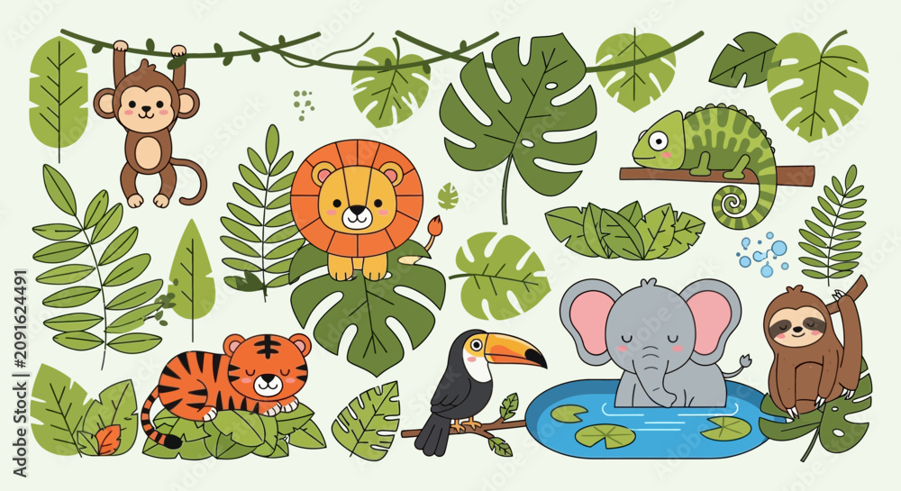 Fototapeta premium A playful assortment of adorable cartoon jungle animals and vibrant tropical leaves creates a delightful wild nature scene, perfect for children's designs and lively projects