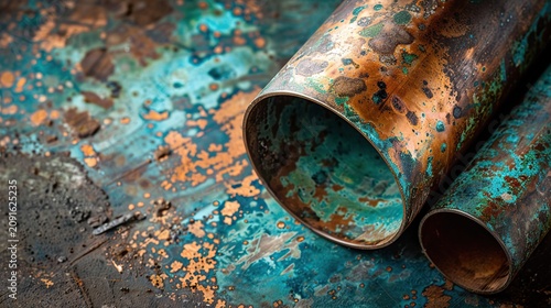 Aged copper pipe patina close up