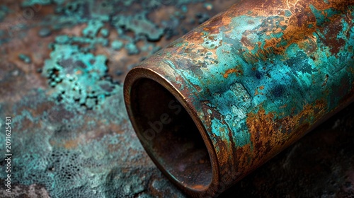 Aged copper pipe patina close up