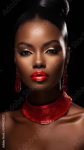 Fashion studio portrait of young lady with red earring on black background. Elegant african woman in luxury red creative golden diamant jewels. Beautiful woman with evening make-up and perfect skin.