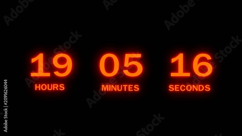 Konstfotografi Red glowing digital countdown timer showing 19 hours 05 minutes and 16 seconds on black background