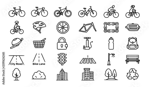 Foto Set of bicycle, cycling, and urban transport line art icons.