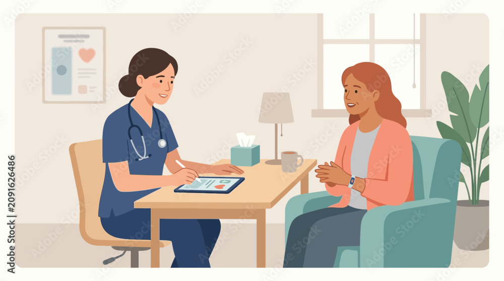 Fototapeta premium Doctor Consults Patient in Cozy Office, Medical Check-up, Wellness