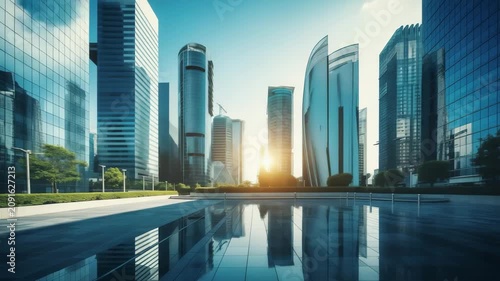 Empty floor and modern city skyline with building at sunset background with copy space. Contemporary architecture, business center of big city. Square and office building modern business district.