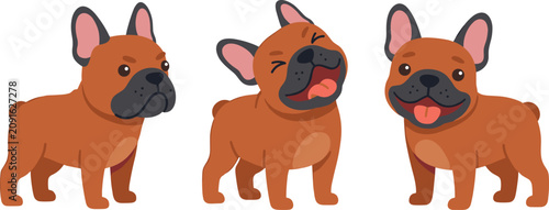 A collection of a cute brown French bulldog character showing different facial expressions like grumpiness yawning and a happy smile vector