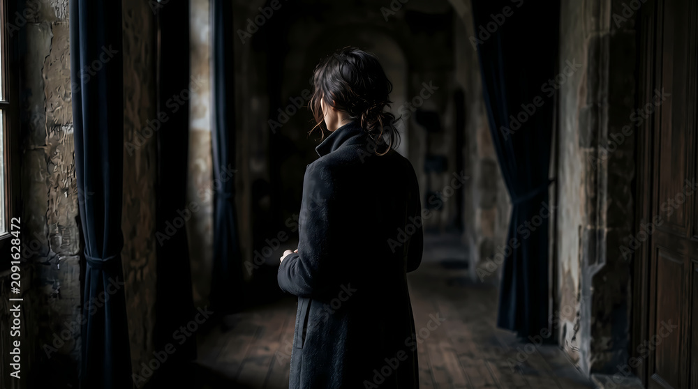 Naklejka premium Faceless portrait of a person standing in a dark hallway with dramatic light