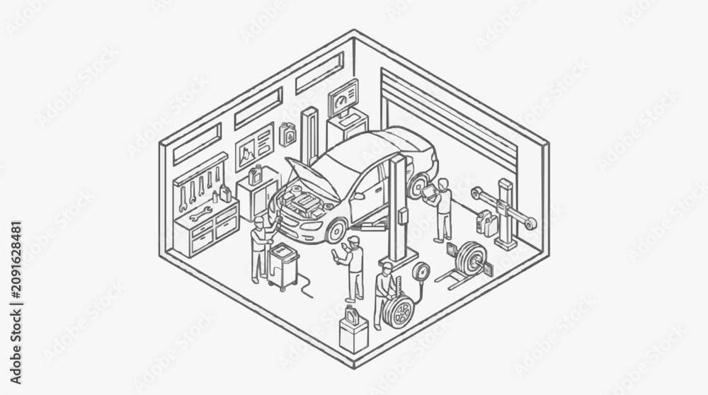 Obraz premium Clean Black and White Isometric of a Busy Auto Repair Shop with Mechanics Working with high quality professional line art symbols for modern creative design and digital branding projects