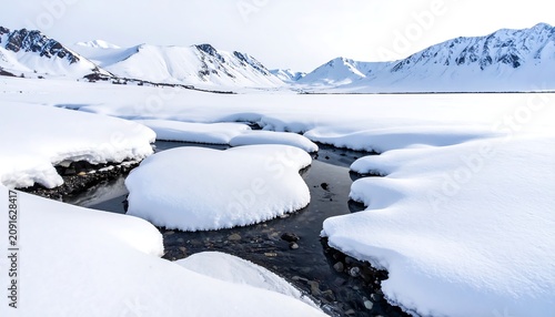 A wintry scene of a snow-covered landscape with a stream winding through the frozen terrain and mountains in the background