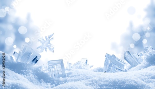 A wintry scene of crystal-like structures emerging from a soft, snowy base with blurred, atmospheric bokeh
