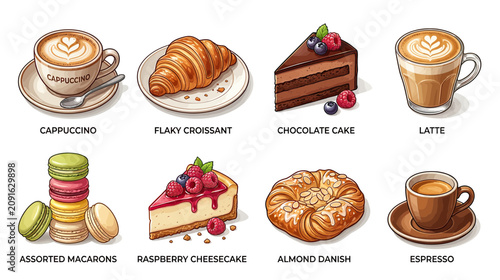 Fotografie Delicious Pastries and Coffee Drinks Assortment - Croissant, Cake, Macarons, Dan