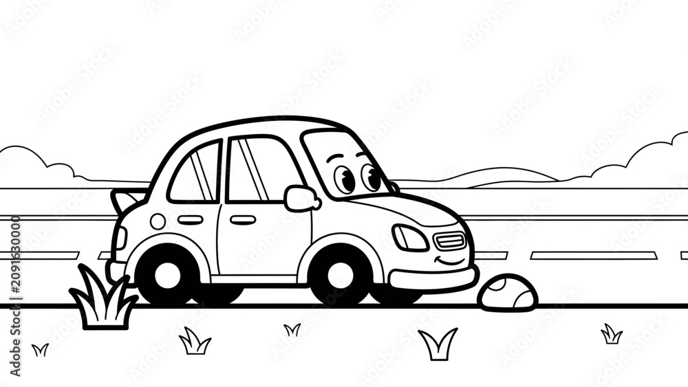 Naklejka premium Cute Cartoon Car Coloring Page with Grass and Road