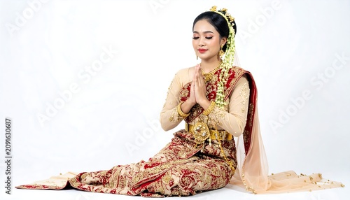 A woman in traditional attire, adorned with intricate gold details, gracefully sits with hands pressed together, eyes closed