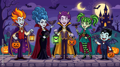 Принти на полотні Cartoon vampires in Halloween costumes with pumpkins and bats
