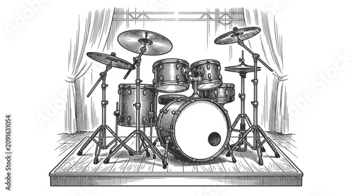 Foto Drum set on stage with cymbals.