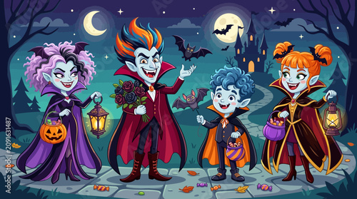 Obraz na plátně Happy cartoon vampires in Halloween costumes with candy and lanterns on a spooky
