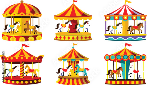 Bild auf Leinwand Vintage Amusement Park Carousel Icon Set with Colorful Merry Go Round Horses for