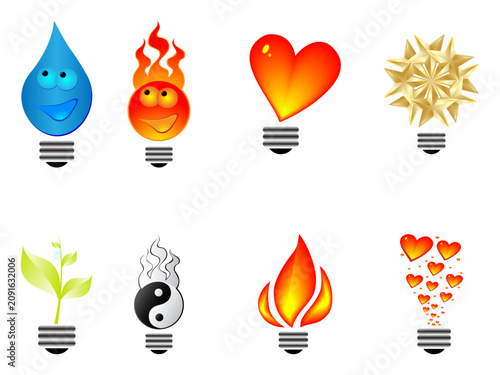 Creative lightbulb shape concepts featuring fire, water, heart, star, and yin yang symbols.