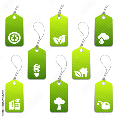 Set of green eco friendly blank price tags and labels with environmental conservation icons.