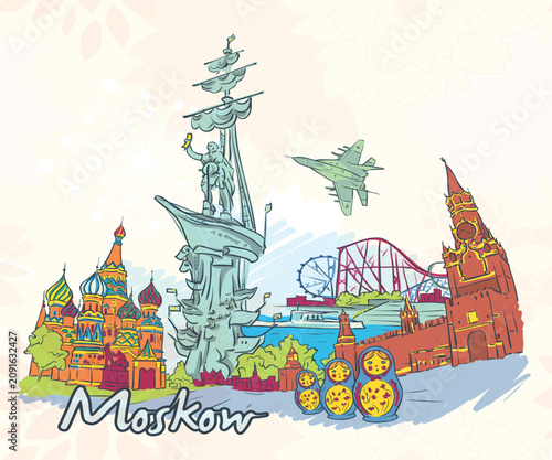 Hand drawn colorful illustration of famous Moscow city landmarks, architecture, and attractions.