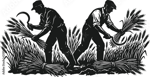Foto Traditional Wheat Harvest Silhouette Vector Illustration with Two Farmers Reapin