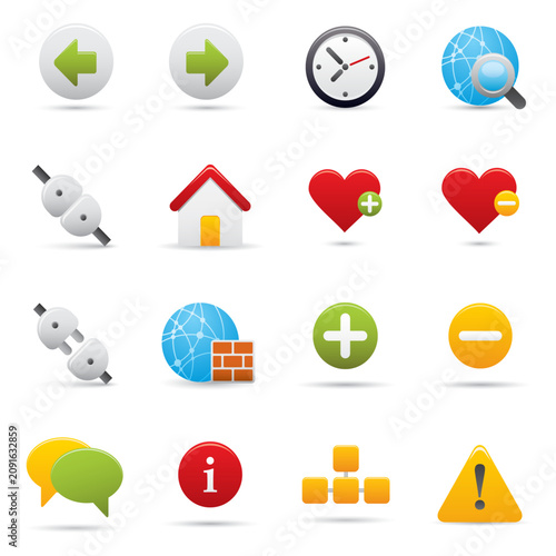 Collection of basic web, computer, and mobile user interface glossy icons.