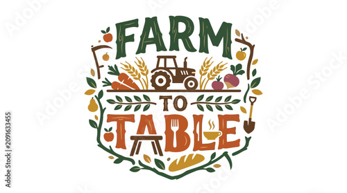 Farm to Table Rustic Typography Lettering with Organic Produce Elements and Vintage Design