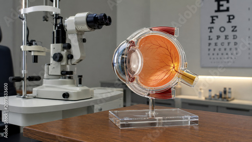 Anatomical transparent acrylic eye cross section model on wooden desk in ophthalmology clinic, with slit lamp and visual acuity chart visible in background