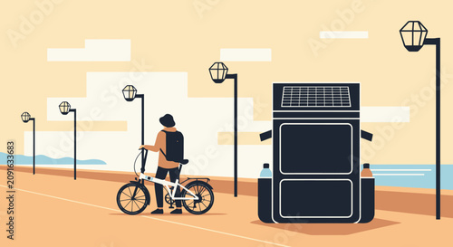 Cyclist with folding bike standing on scenic path during sunset