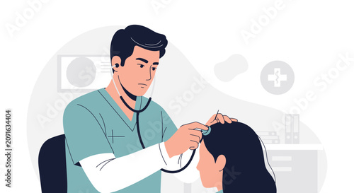 Doctor Examining Patient's Head with Stethoscope, Medical Check-up Illustration