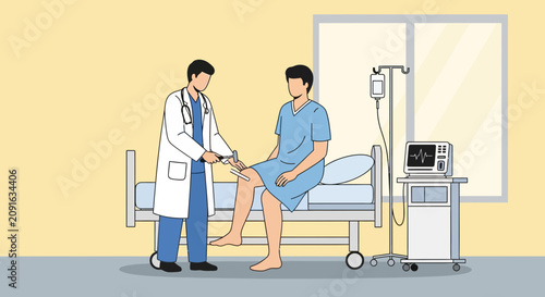 Doctor examining patient's knee reflex in hospital room with monitor