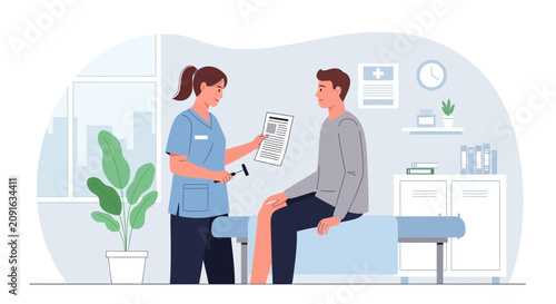 Doctor examining patient's knee reflex with reflex hammer in clinic