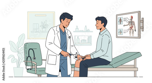 Doctor examining patient's knee reflex with hammer in medical office