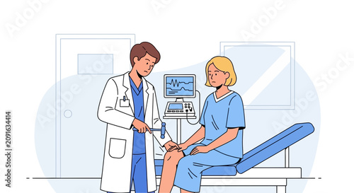 Doctor Examining Patient's Knee with Reflex Hammer in Medical Clinic
