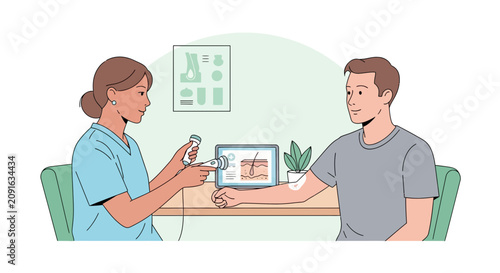 Doctor examining patient's skin with medical device