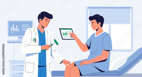 Doctor examining patient's reflexes with reflex hammer in clinic