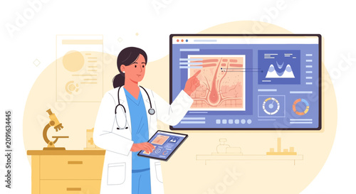 Doctor Explains Hair Follicle Analysis on Digital Screen
