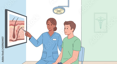 Doctor explaining skin anatomy to patient, medical illustration