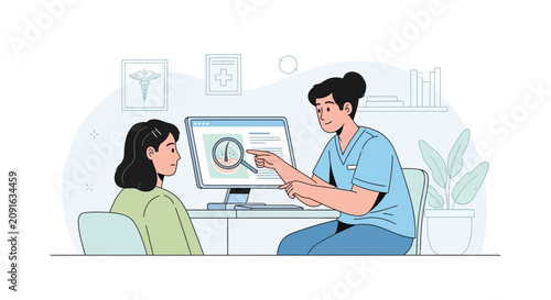 Doctor examining skin condition with patient on computer screen