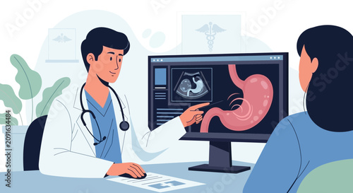 Doctor explains stomach ultrasound to patient, digital illustration