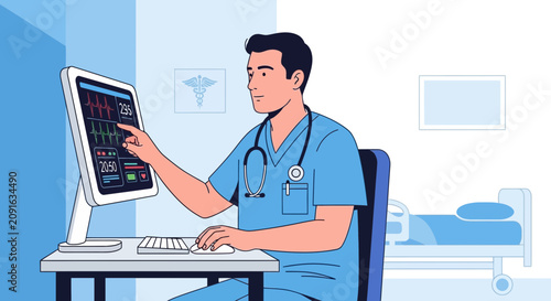 Doctor in blue scrubs using computer for patient vital signs monitor
