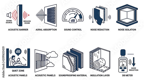 Foto Soundproofing and Acoustic Solutions Icons Set: Noise Control, Absorption, Insul