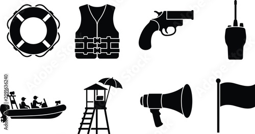 Fotografie Water Safety and Lifeguard Silhouette Icon Set Featuring Rescue Equipment Patrol