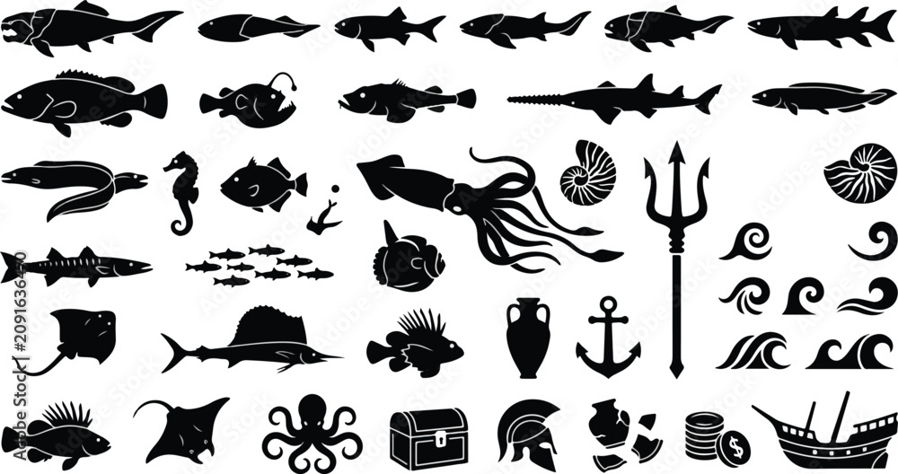 Fototapeta premium Antique nautical and deep sea creatures silhouette set including squid fish seashell anchor and trident elements