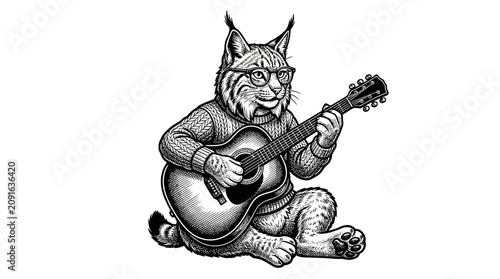 Fotografía Cat Playing Acoustic Guitar Sitting Down.