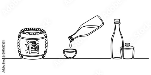 Fotografía Continuous one line drawing of japanese sake barrel bottle and small cup for tra