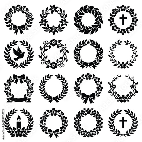 Quadro su tela Assorted circular floral wreath and laurel leaf silhouette icons with silhouette